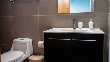 Hair dryer, towels, soap, shampoo