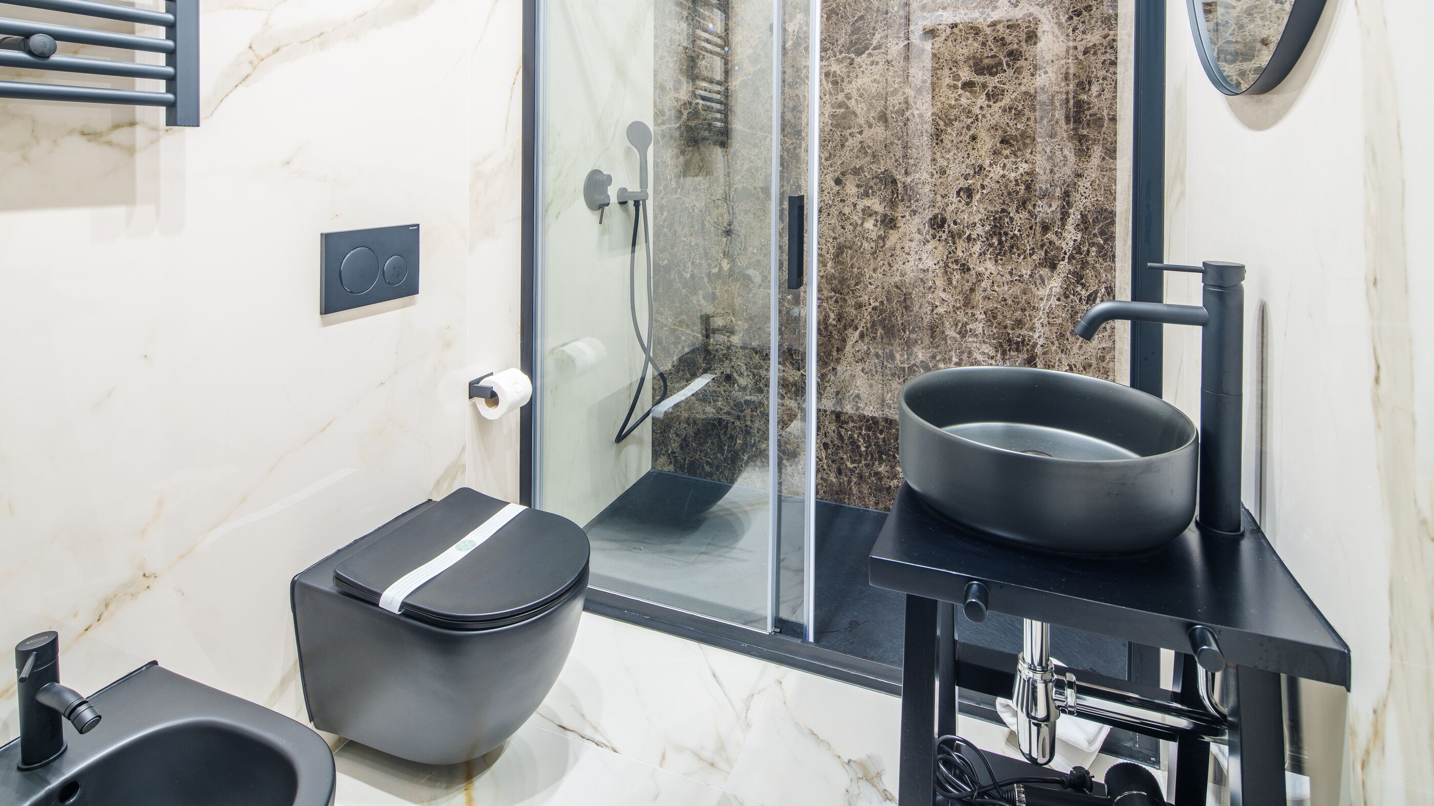 Shower, hair dryer, bidet, towels