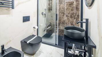 Shower, hair dryer, bidet, towels