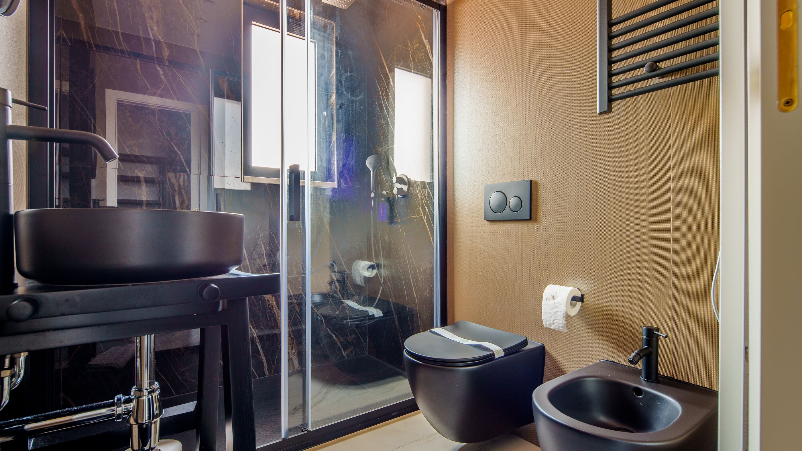 Shower, hair dryer, bidet, towels