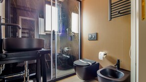 Een douche, een haardroger, een bidet, handdoeken