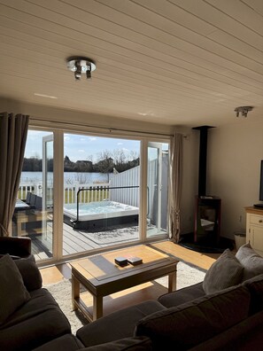 Televisio, takka, DVD-soitin, kirjoja