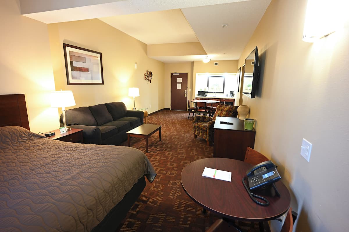 A hotel room with a bed, a sofa, a desk with a telephone, and a chair.