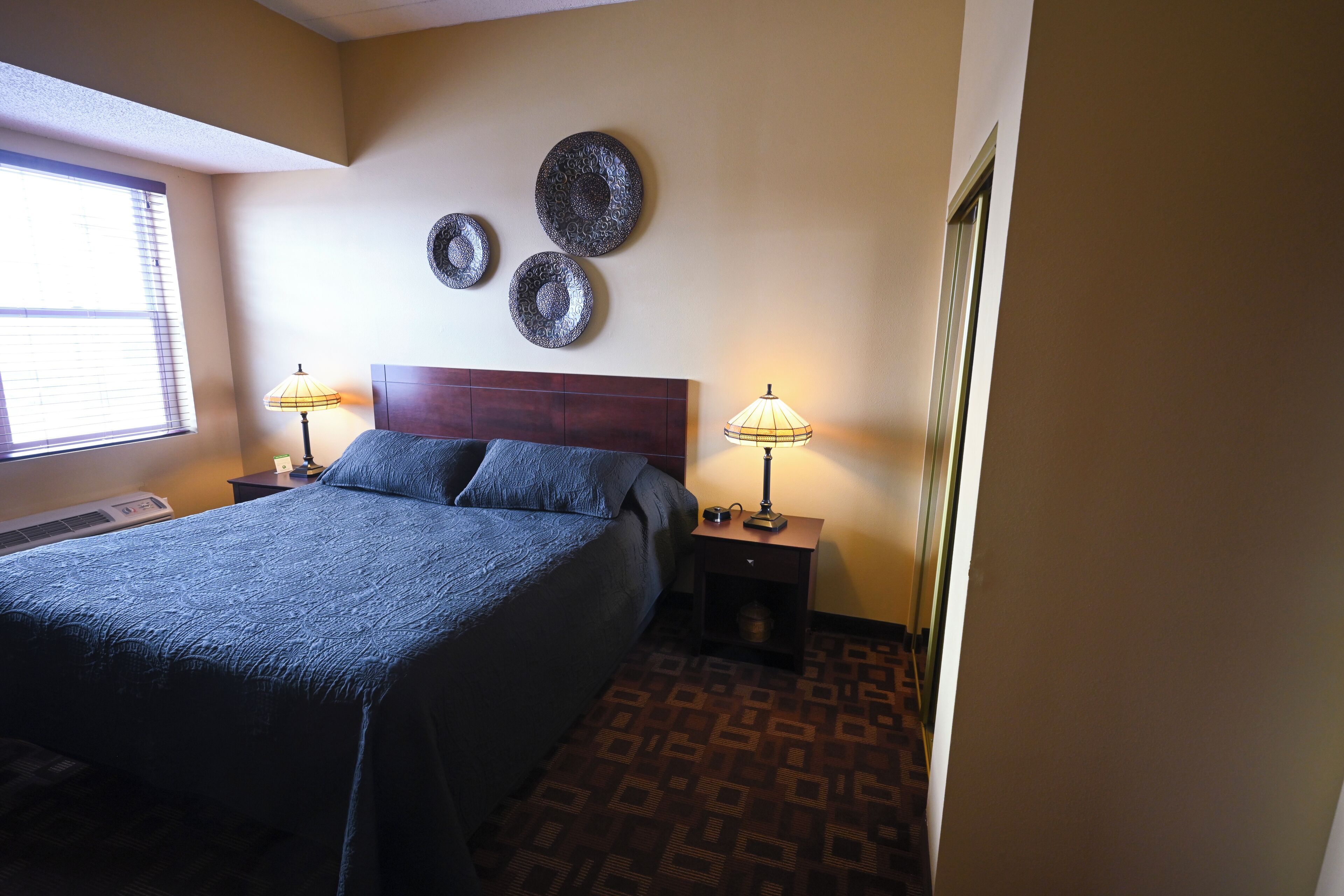 A hotel room with a large bed, two bedside tables with lamps, a wall-mounted decorative plate, and a patterned carpet.