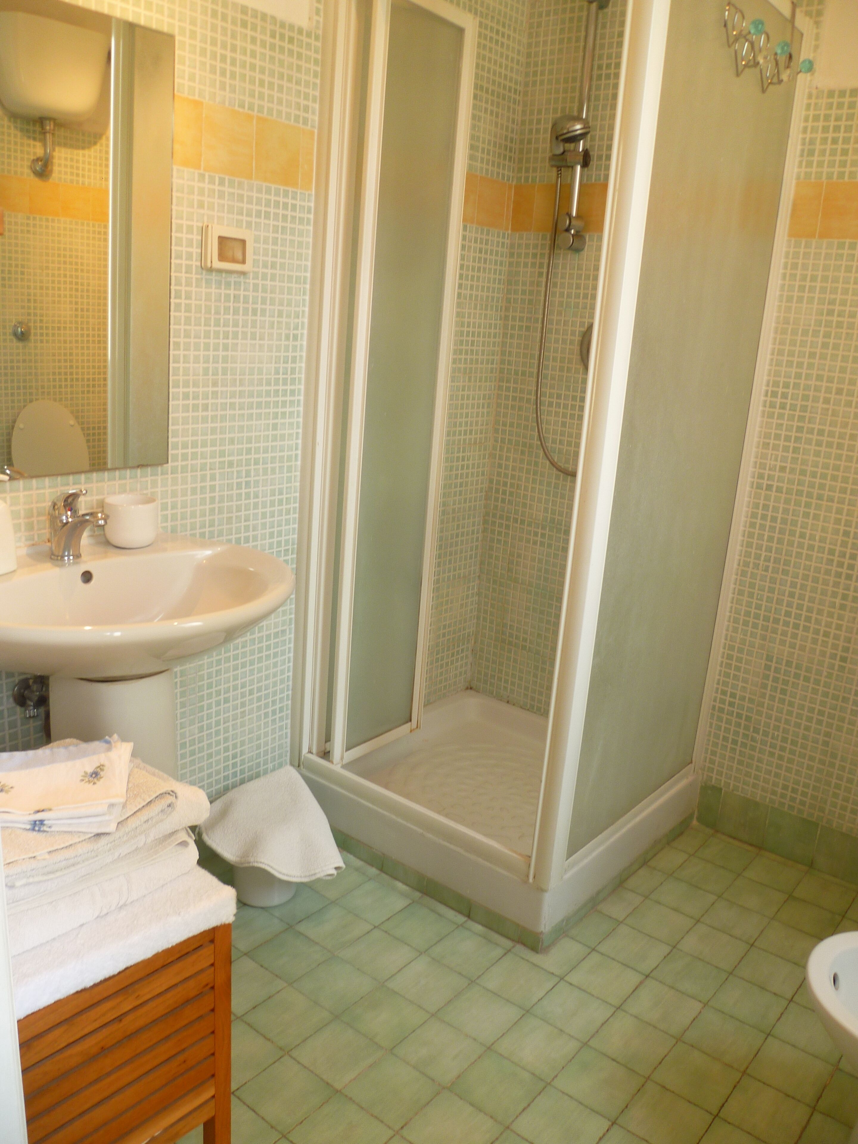 A bathroom with a sink, mirror, shower, and toilet.
