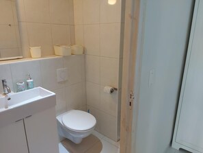 Regadera, toallas, jabón, papel de baño
