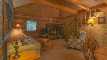 Tv, eldstad, dvd-spelare och ett bordtennisbord