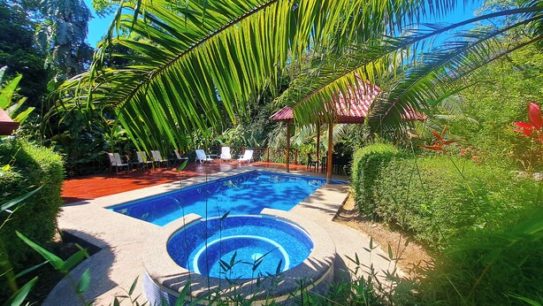 A swimming pool with a circular hot tub, surrounded by palm trees and lounge chairs. - Cabinas Costa Tropicana (Bahía Ballena)