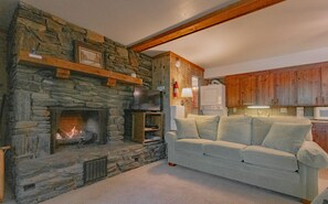 Télévision, cheminée, lecteur de DVD, table de tennis de table