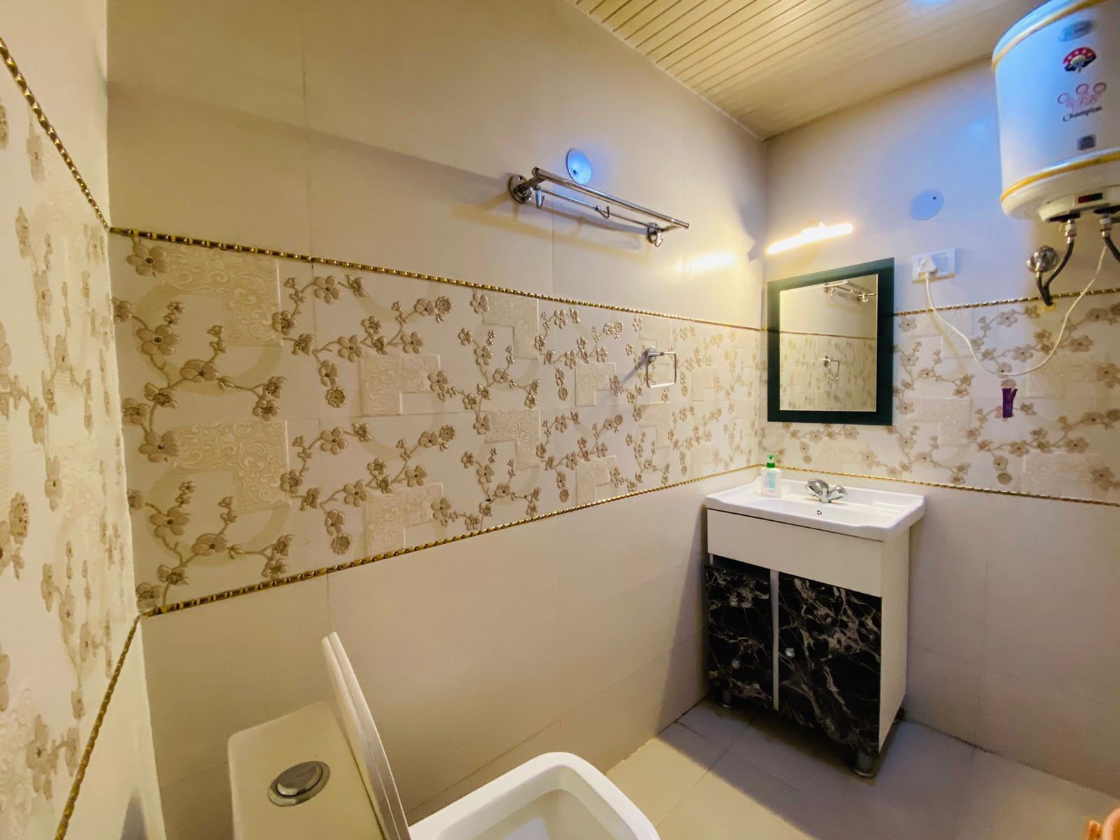 Hair dryer, towels, soap, shampoo