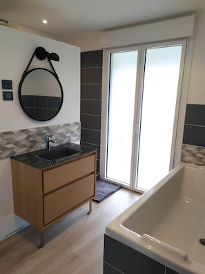 Shower, hair dryer, towels, toilet paper