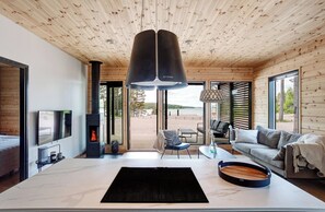 Smart TV, chimenea y estéreo