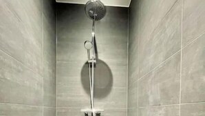 Une douche équipée d’un pommeau de douche à main et d’un pommeau de douche fixe fixé au mur, dans une pièce carrelée.
