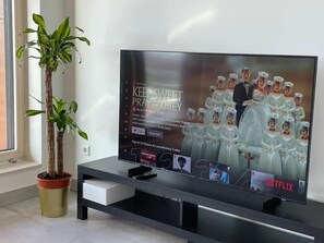 Sala moderna com televisão de tela plana exibindo um programa, uma planta em vaso e um sistema de entretenimento minimalista.