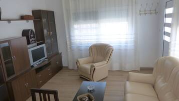 Smart TV, fireplace, books, stereo