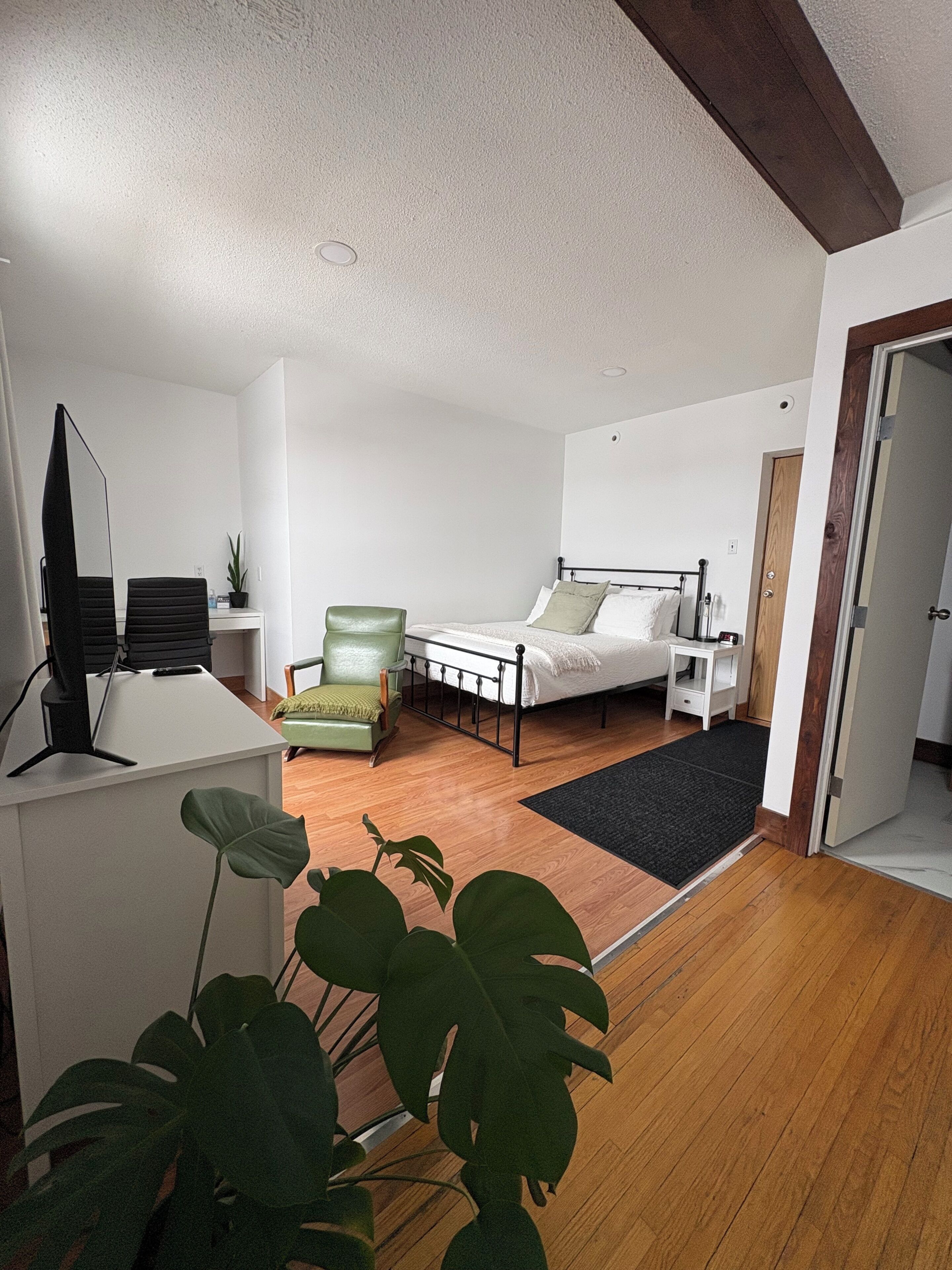 A bedroom with a bed, bedside table, chair, desk with a computer, and a plant.
