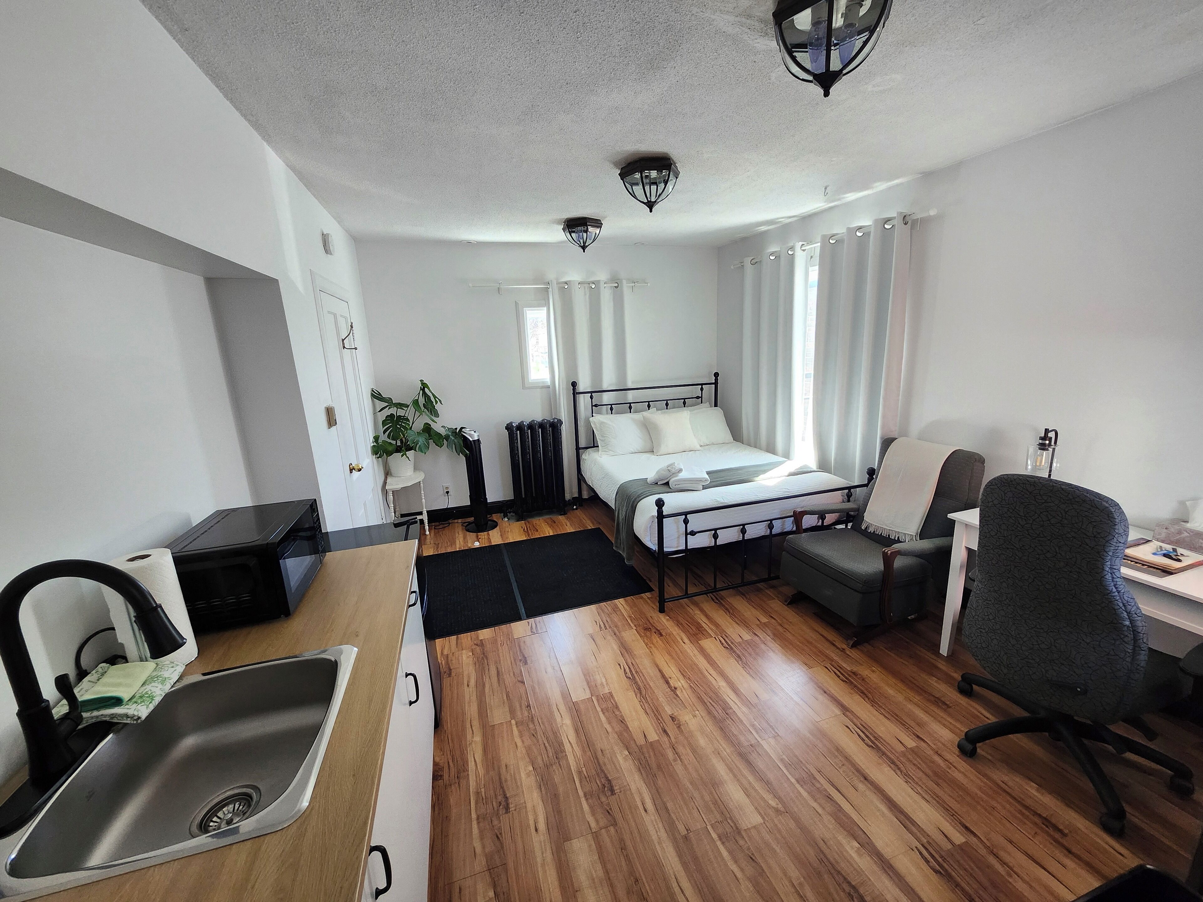 Una habitación de hotel pequeña con una cama, un escritorio, una silla, un lavamanos y una planta en maceta.