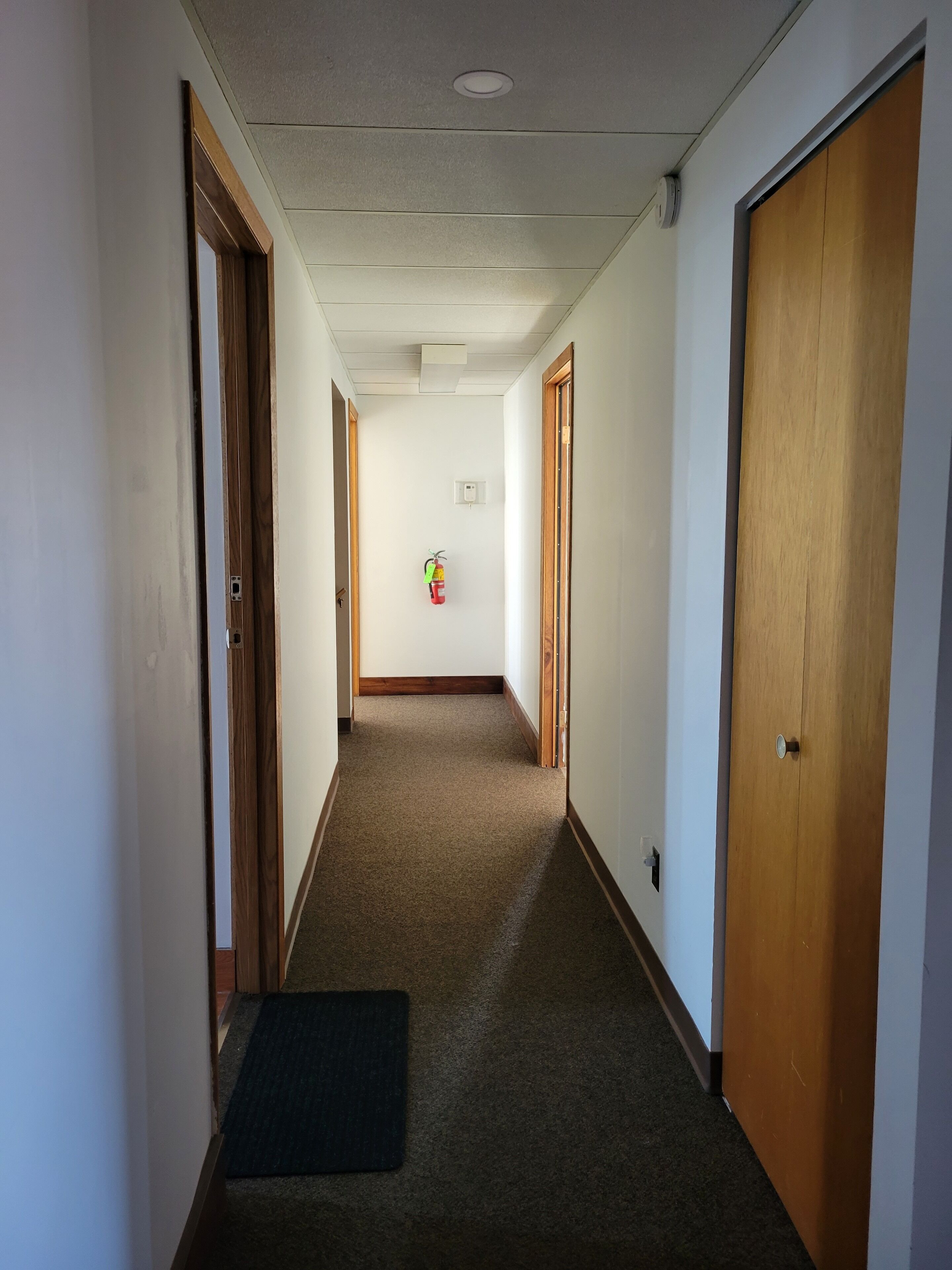 Un pasillo con piso alfombrado, puertas de madera y un extintor de incendios en la pared.
