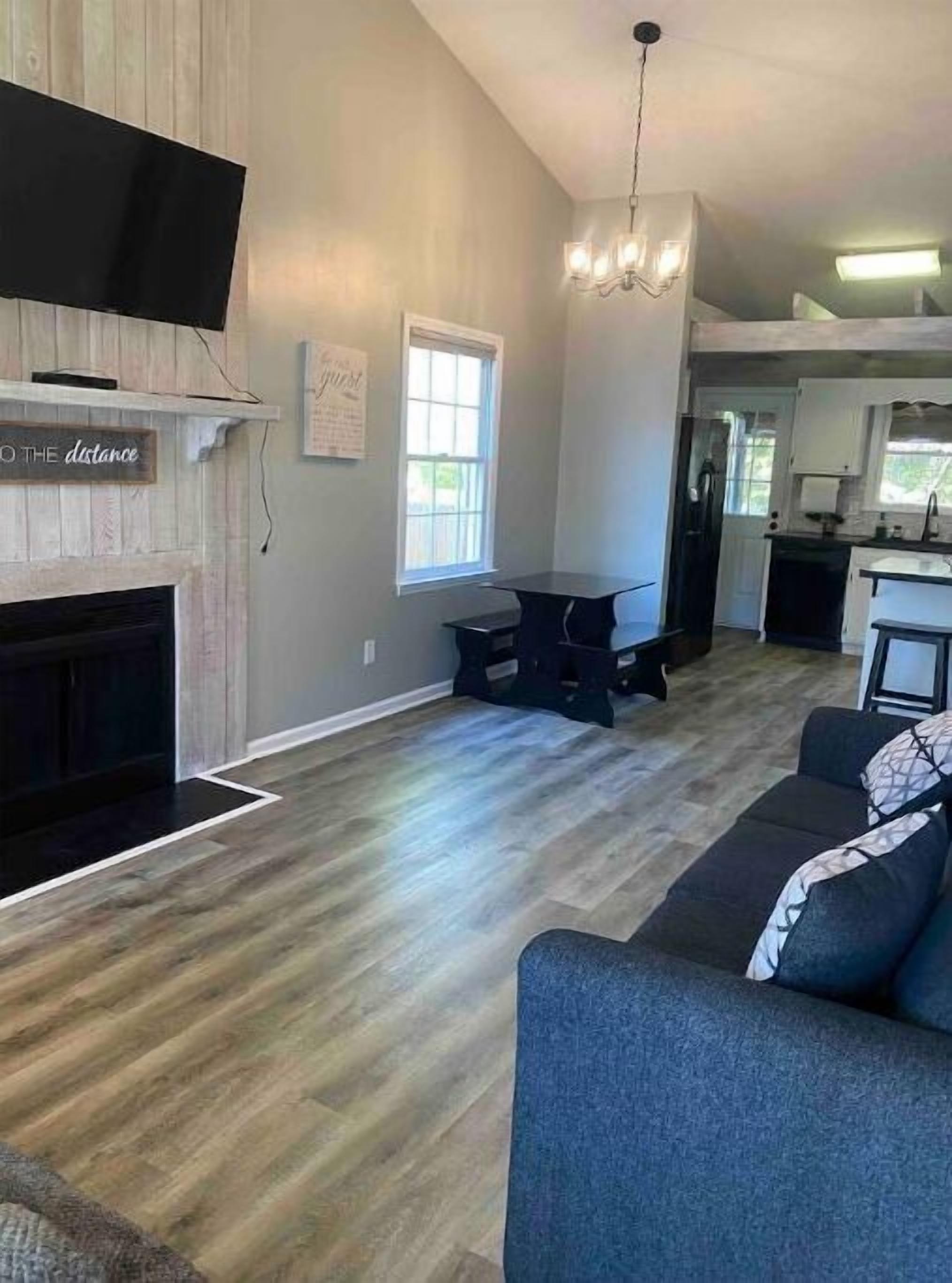 Smart TV, fireplace, books