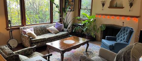 Smart TV, chimenea, reproductor de DVD y biblioteca musical