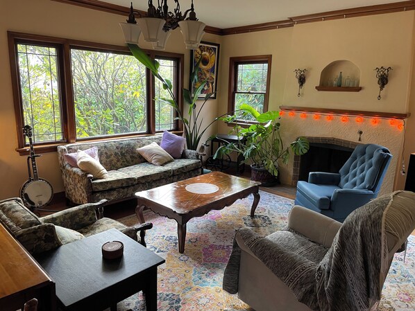 Smart TV, fireplace, DVD player, music library