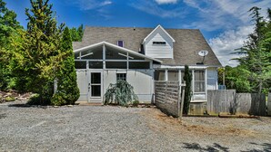 A house with a gravel driveway, a wooden fence, and a large evergreen tree. - 2 BR apt near Mtn to Sea Hiking Trail (Asheville)