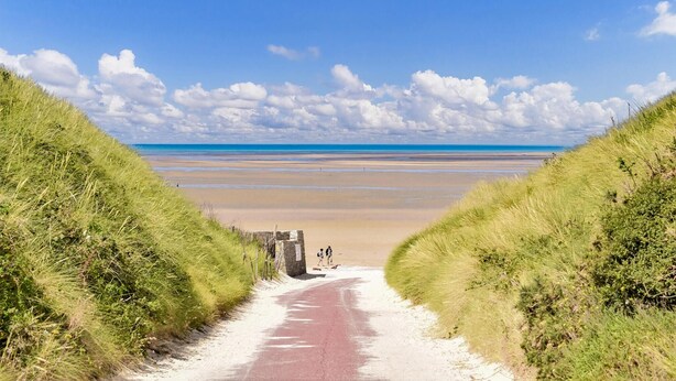 Ein Weg führt zu einem Strand, der von blauem Himmel und Wolken gesäumt wird.