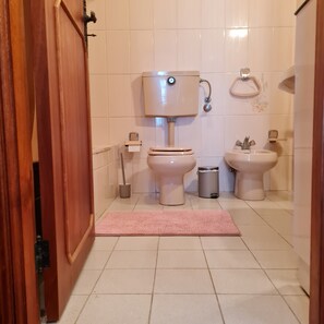 Secador de cabelo, bidê, toalhas de banho, sabonete