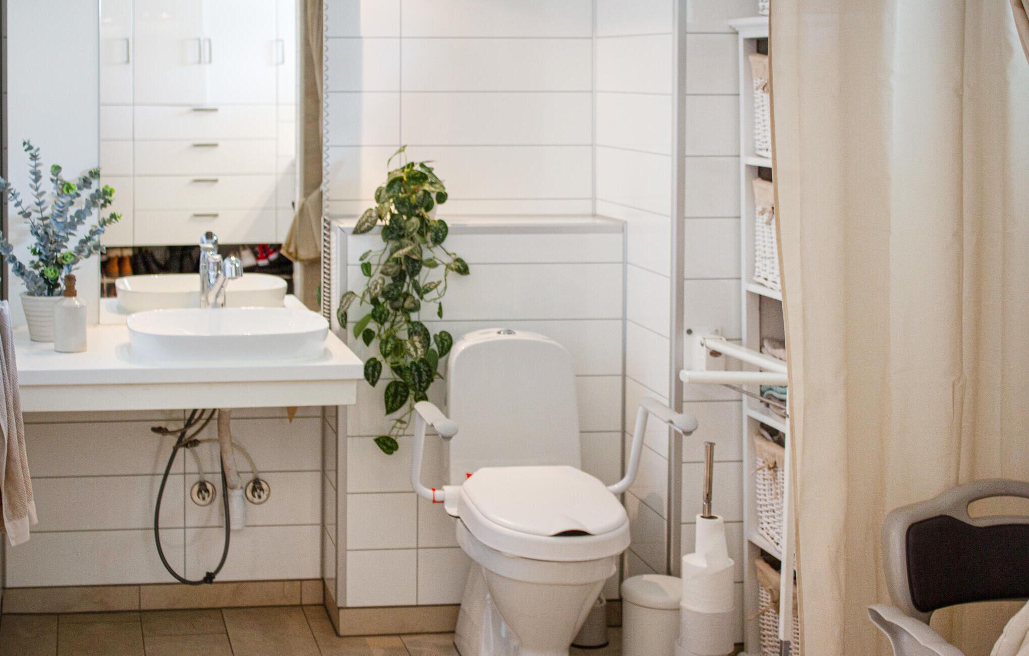Moderni kylpyhuone, jossa on valkoinen pesuallas, wc ja suihkutila. Seinällä on kasvi ja pyyhekoukku.