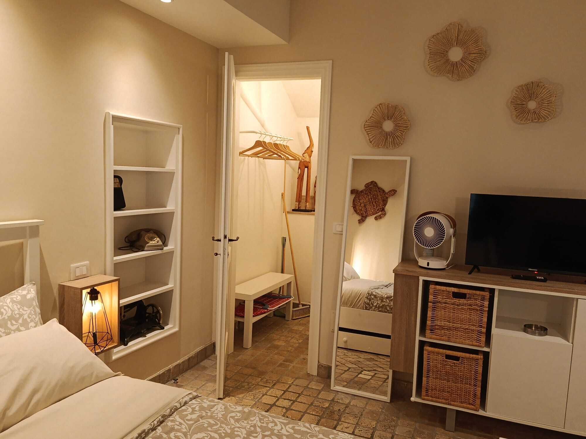 Un dormitorio con cama, televisión, ventilador y armario.
