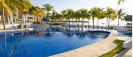 A swimming pool with a curved edge, surrounded by palm trees and a clear sky.