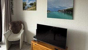A living room with a flat-screen TV on a wooden stand, a white armchair, and two landscape paintings on the wall. - Seerhein apartment (Konstanz)