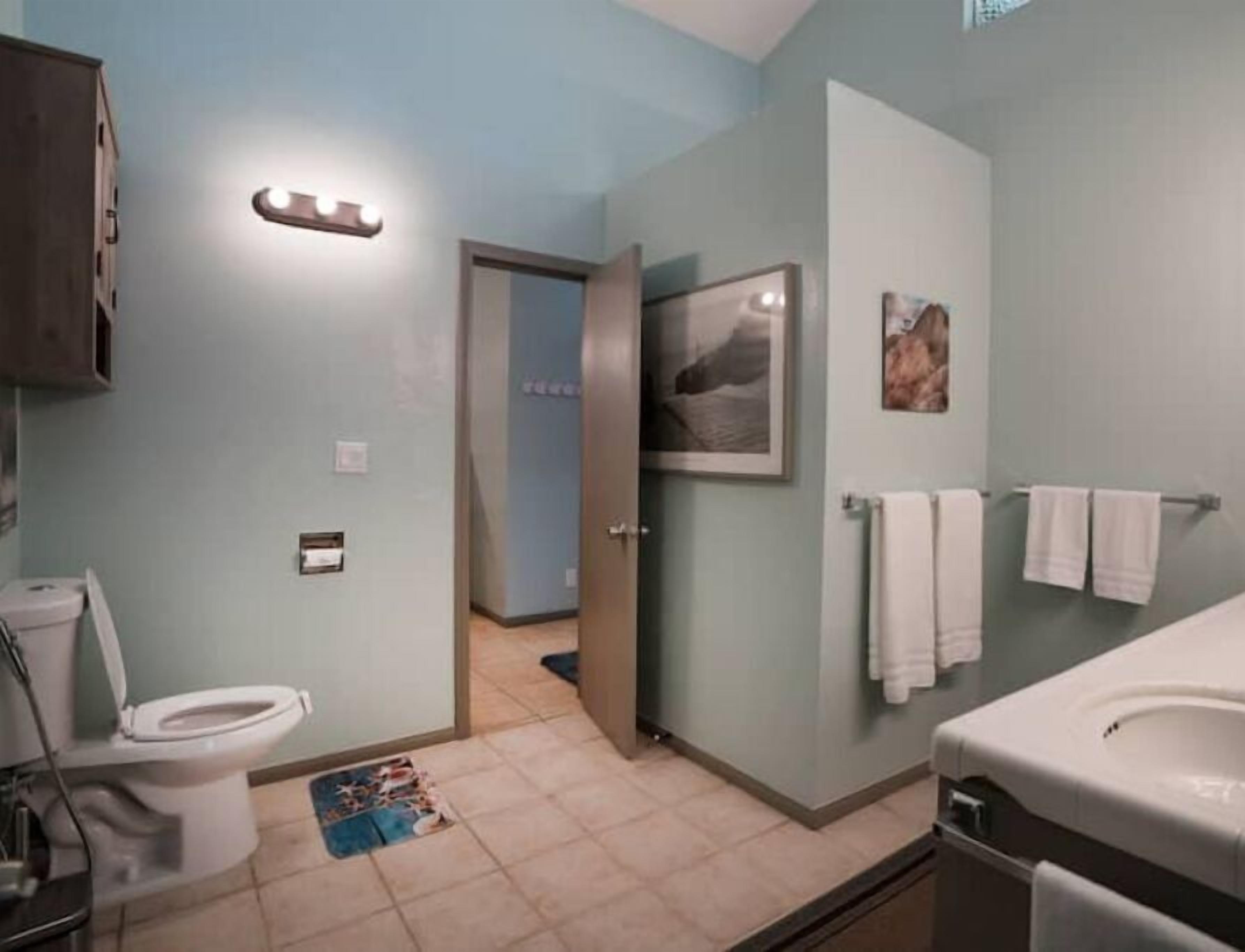 Un bagno con il water, un lavandino e un porta asciugamani.