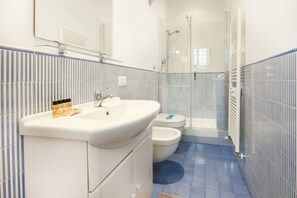 Bathtub, hair dryer, bidet, towels