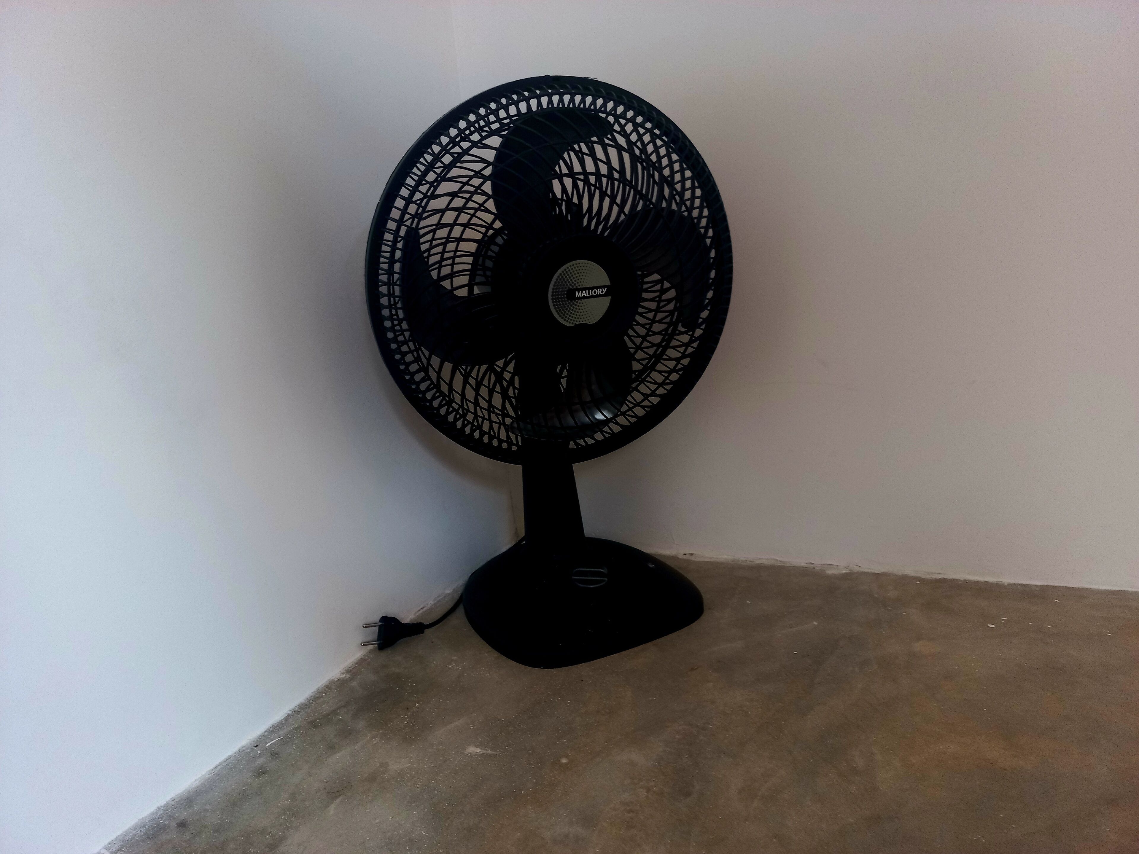 A black standing fan with a circular grill and a base, positioned against a white wall on a concrete floor.