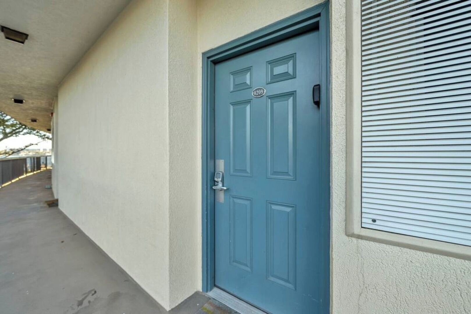 A blue door with a number plate, a metal handle, and a mail slot.