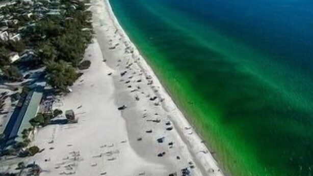 Ett flygbildsbild av en strand med kristallklart turkost vatten, en sandstrand och några få byggnader utspridda här och där.