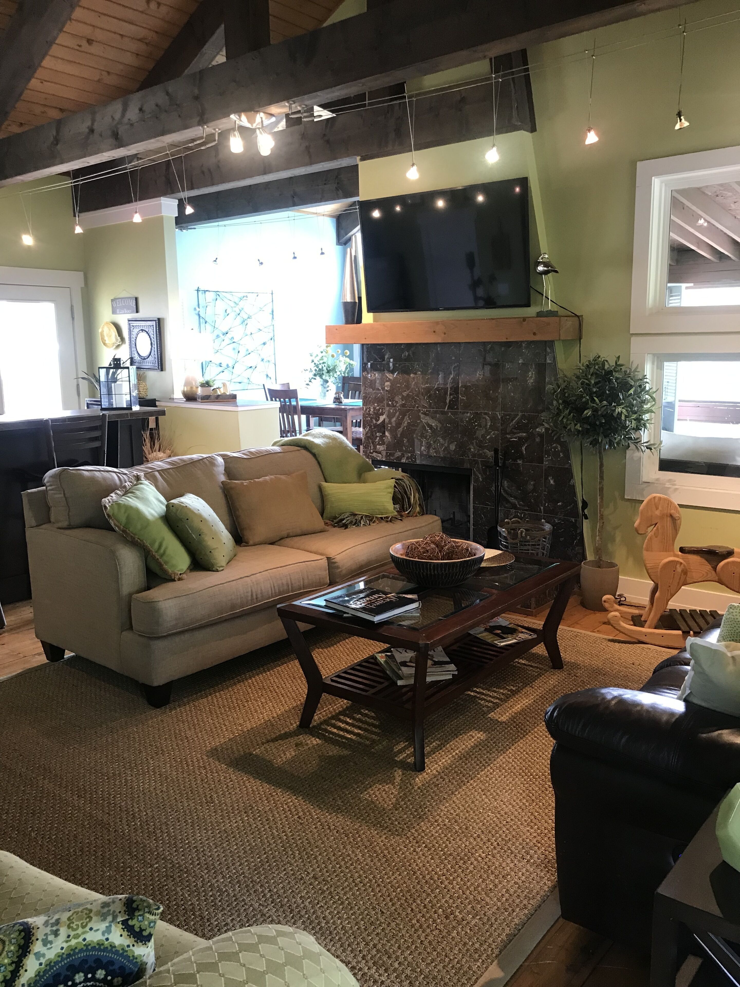 Smart TV, fireplace, books