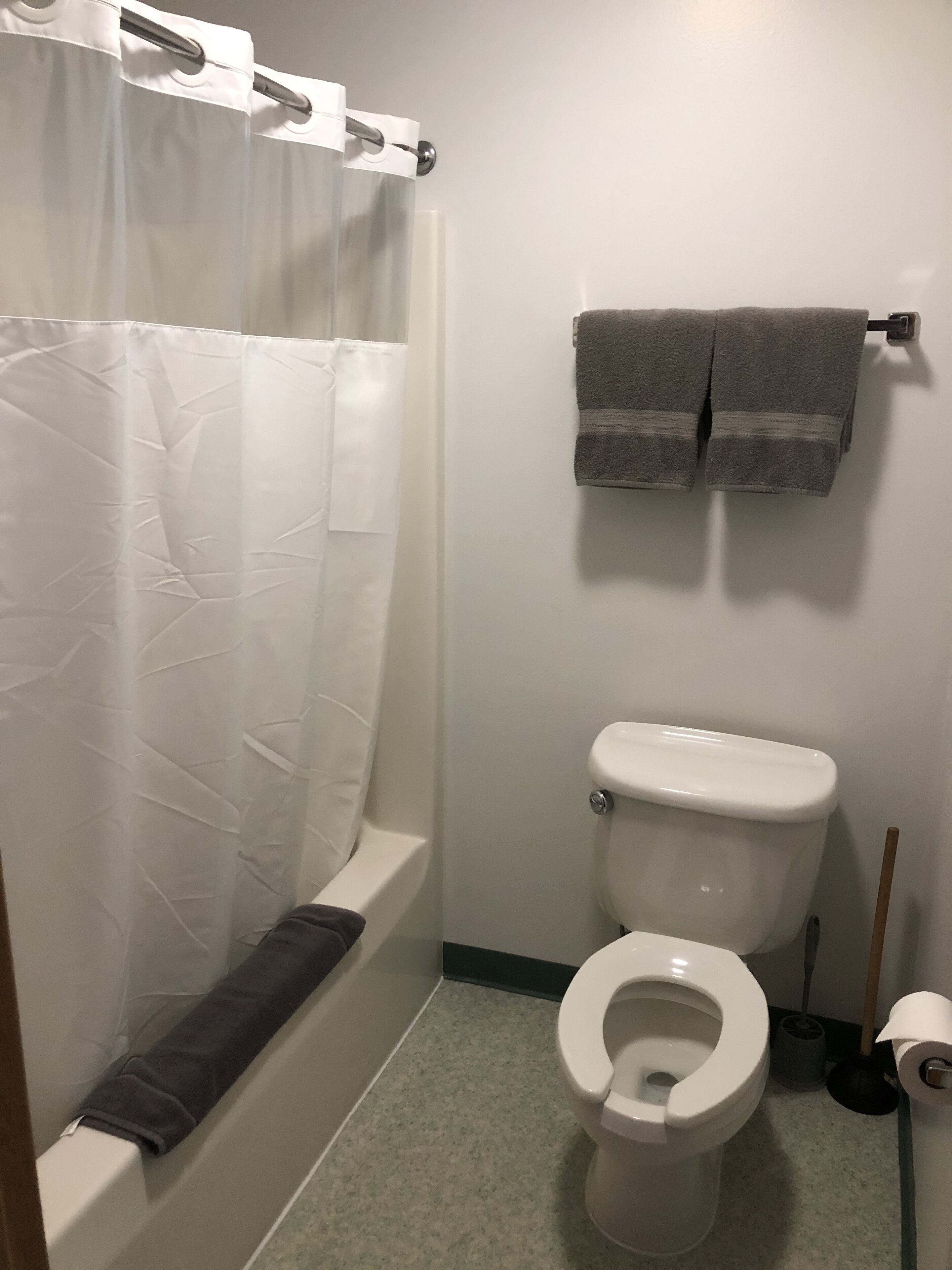Combined shower/tub, hair dryer, towels, soap