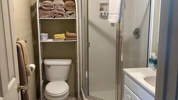 Hair dryer, towels, soap, toilet paper