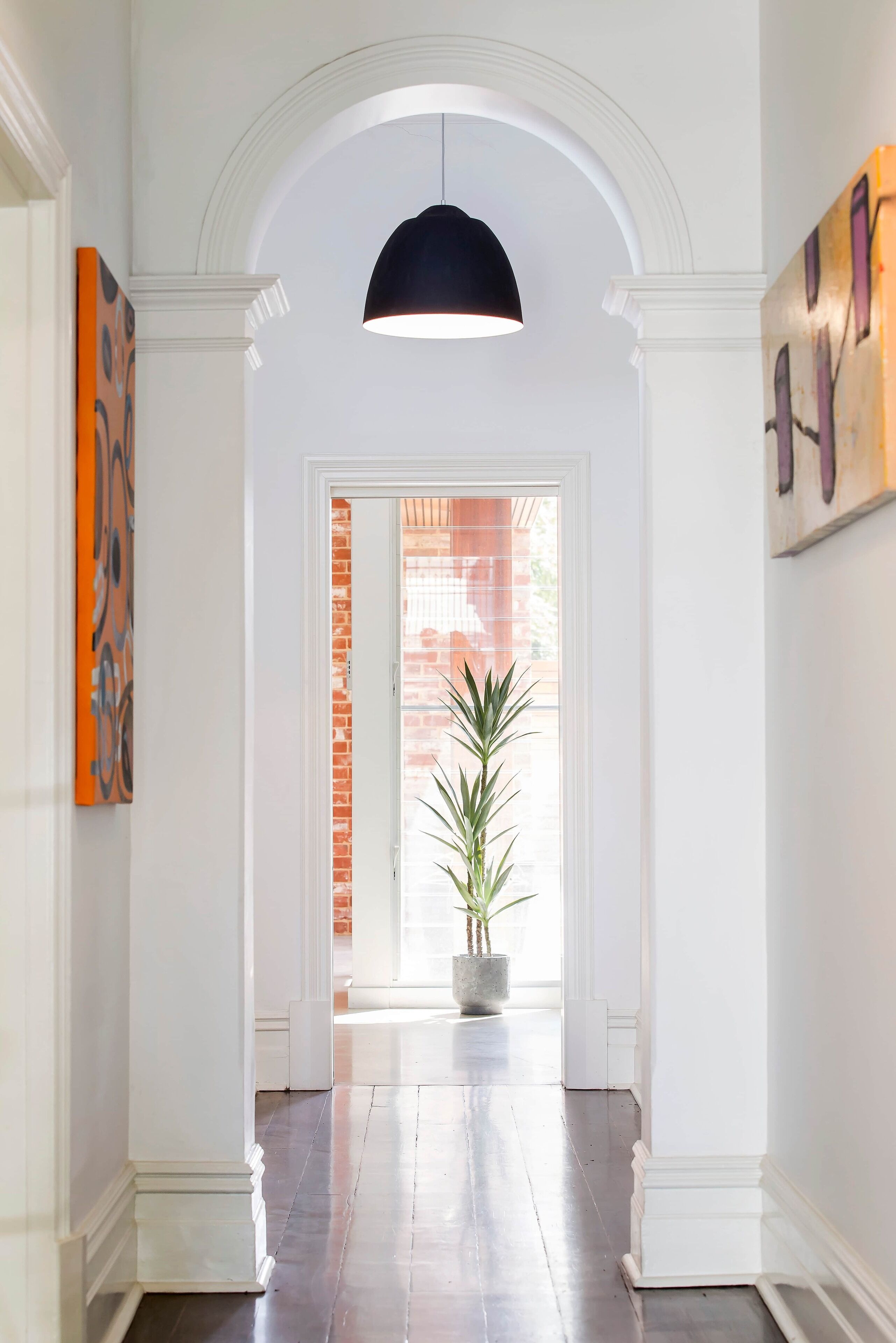A hallway with white walls, a black ceiling light, and a potted plant.