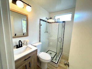 A bathroom with a white sink, a toilet, a glass shower enclosure, and a mirror with lights.