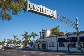 A street sign reading 'ENCINITAS' with a building in the background.