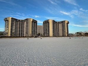 Residents enjoy stunning views of the adjacent beach from their balconies.