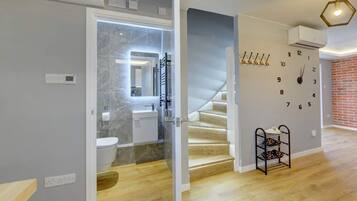 Shower, hair dryer, towels