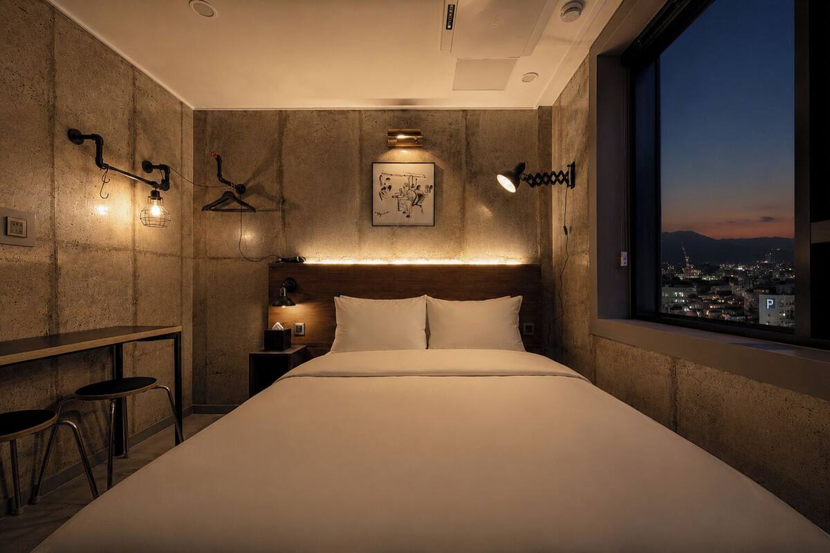 Une chambre d’hôtel moderne dotée d’un grand lit, d’une vue sur la ville, d’un bureau avec une chaise et d’un éclairage mural.