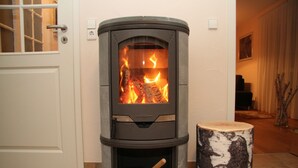 A modern wood-burning stove with a visible fire, a door with a handle, and a small wooden stool.