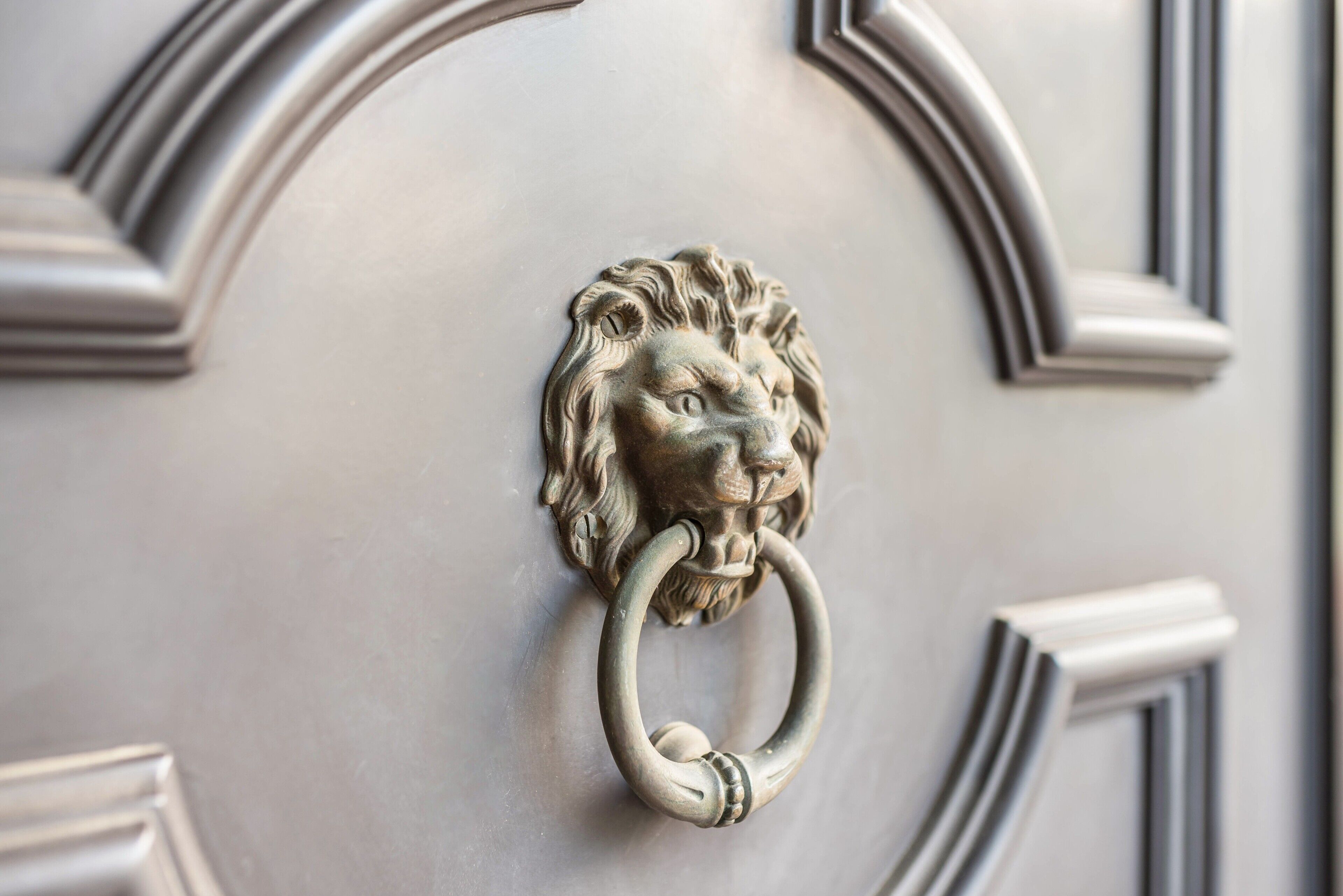 Uma porta com um puxador em forma de cabeça de leão e um anel.
