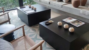 Una sala de estar moderna con un sofá, dos mesas de centro negras y una silla.