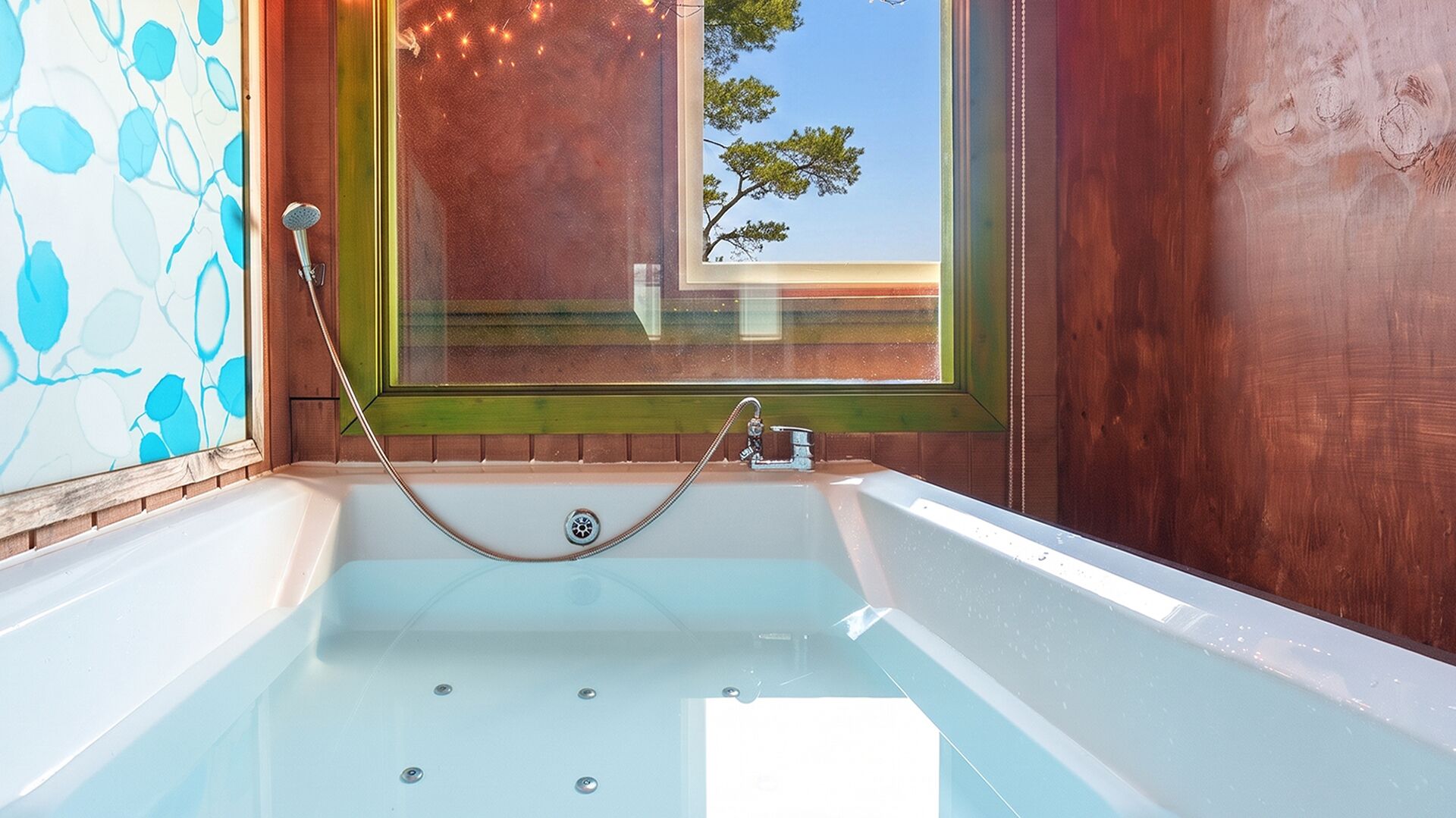 A modern bathroom with a bathtub, a shower, and a window with a view of trees.